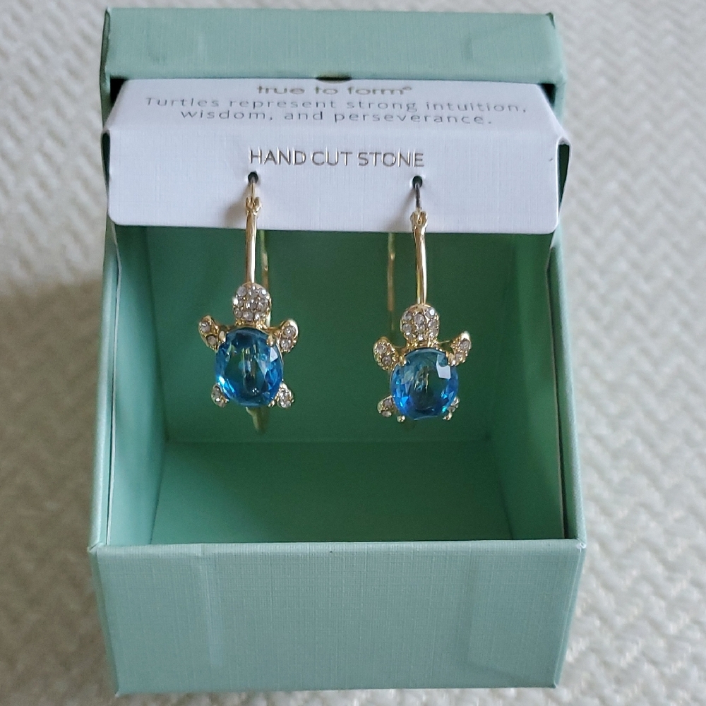 True To Firm Hand Cut Turtle Earrings/Blue Stones